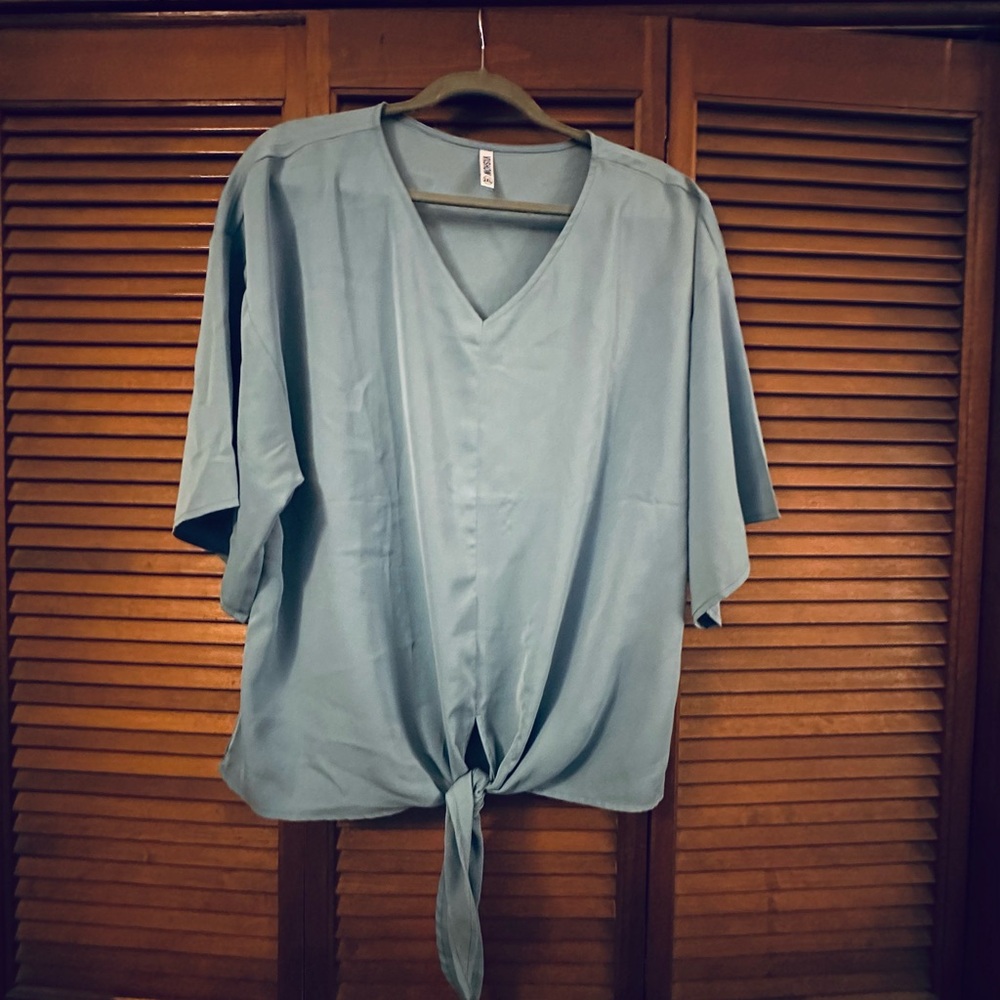 Light Blue V-Neck Tie-Front Blouse